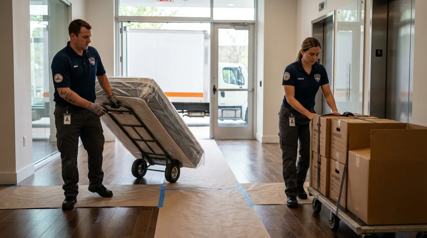 Professional apartment movers loading elevator in Montesano, WA