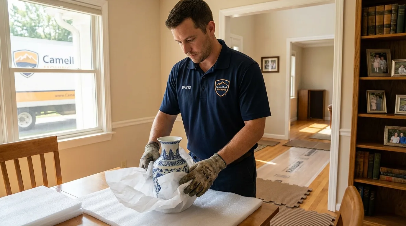 Professional crew carefully wrapping antique vase for senior downsizing move in Montesano, WA