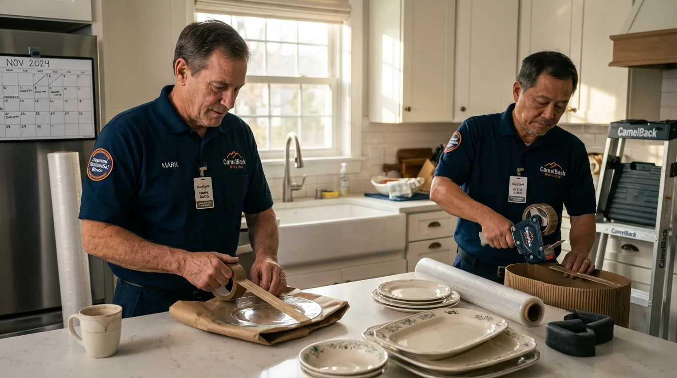 Professional crew packing kitchen dishware in Montesano, WA